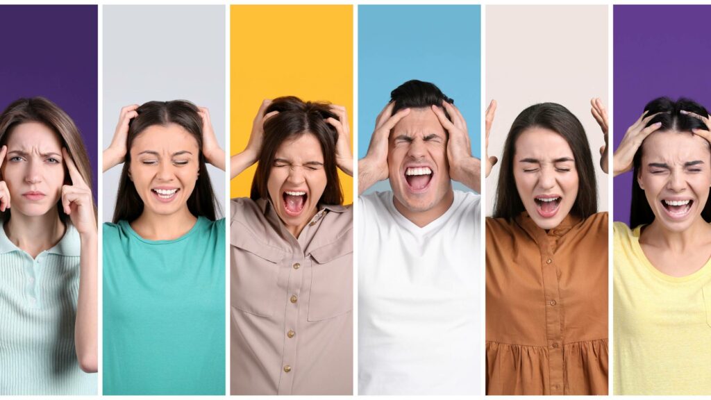 Collage with Photos of Stressed People on Color Backgrounds